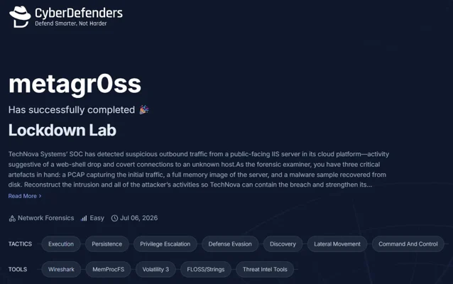 CyberDefenders Lockdown Lab completion for metagr0ss